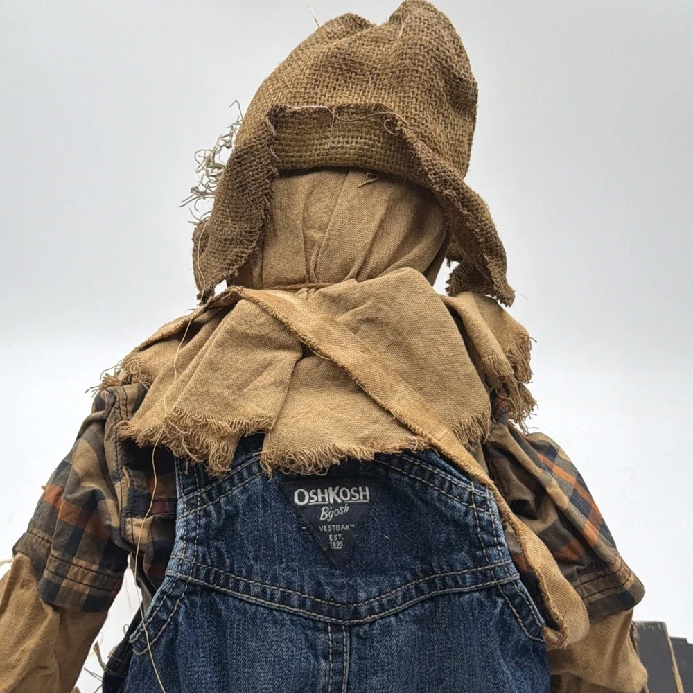 Vintage Primitive Handmade Grungy Scarecrow Doll Folk Art Fall Oshkosh Overalls